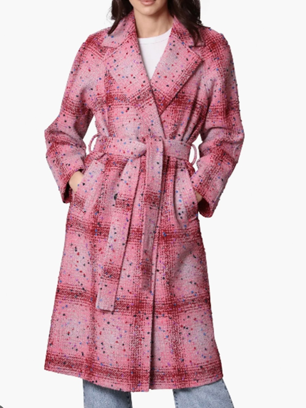 Avec Les Filles Confetti Pink Plaid Belted Long Robe Coat XS NWT $298